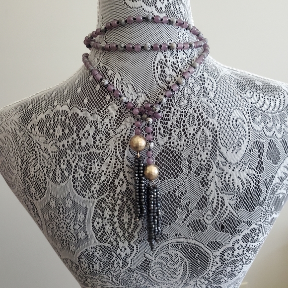 Extra Long Convertible Beaded Tassel Necklace 58 inches Purple Gray Blac… - Picture 7 of 8